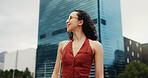 Business, woman and thinking in city with smile, urban development and vision for real estate career. Happy, person and realtor outdoor in town with glasses, reflection and property investment idea.
