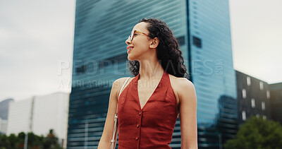Buy stock photo Business, woman and thinking in city with smile, urban development and vision for real estate career. Happy, person and realtor outdoor in town with glasses, reflection and property investment idea.