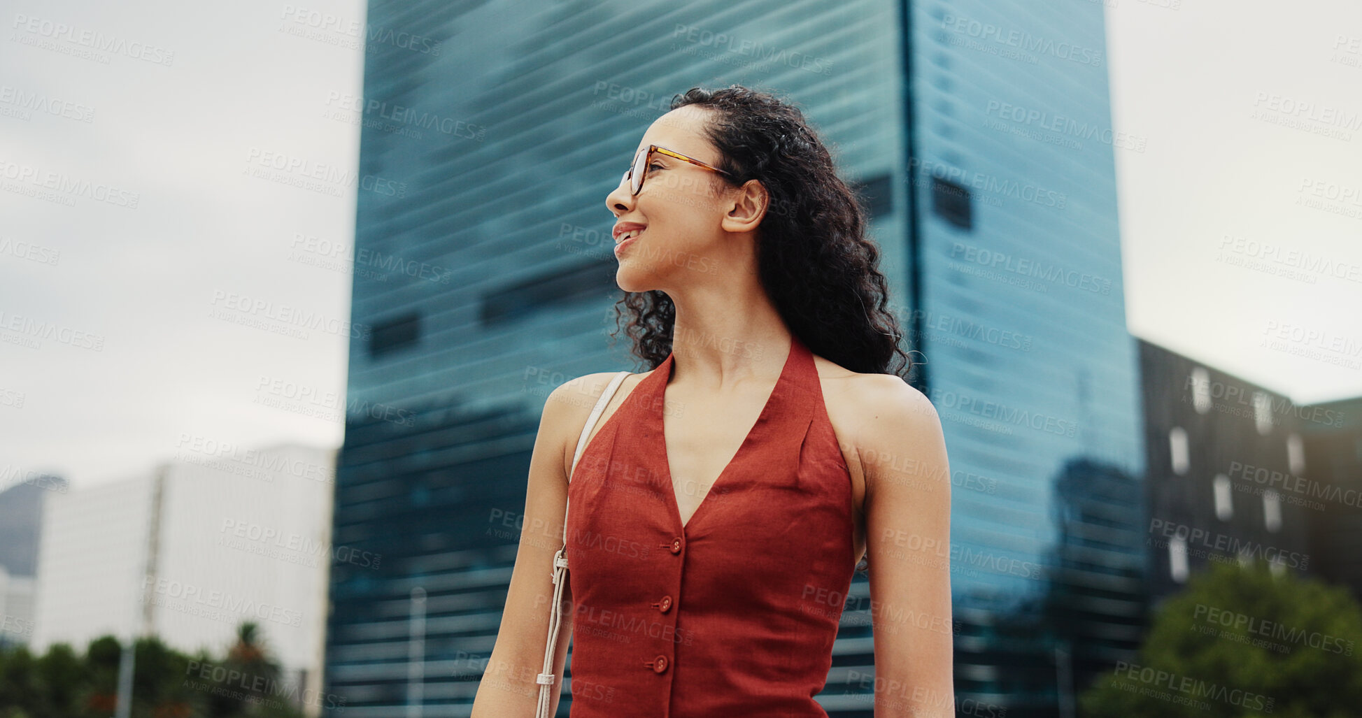 Buy stock photo Business, woman and thinking in city with smile, urban development and vision for real estate career. Happy, person and realtor outdoor in town with glasses, reflection and property investment idea.