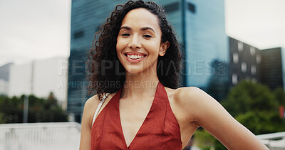 Buy stock photo Portrait, realtor and businesswoman in city with smile, confidence or property investment opportunity. Happy, person or real estate agent in town with urban development, entrepreneurship or about us.