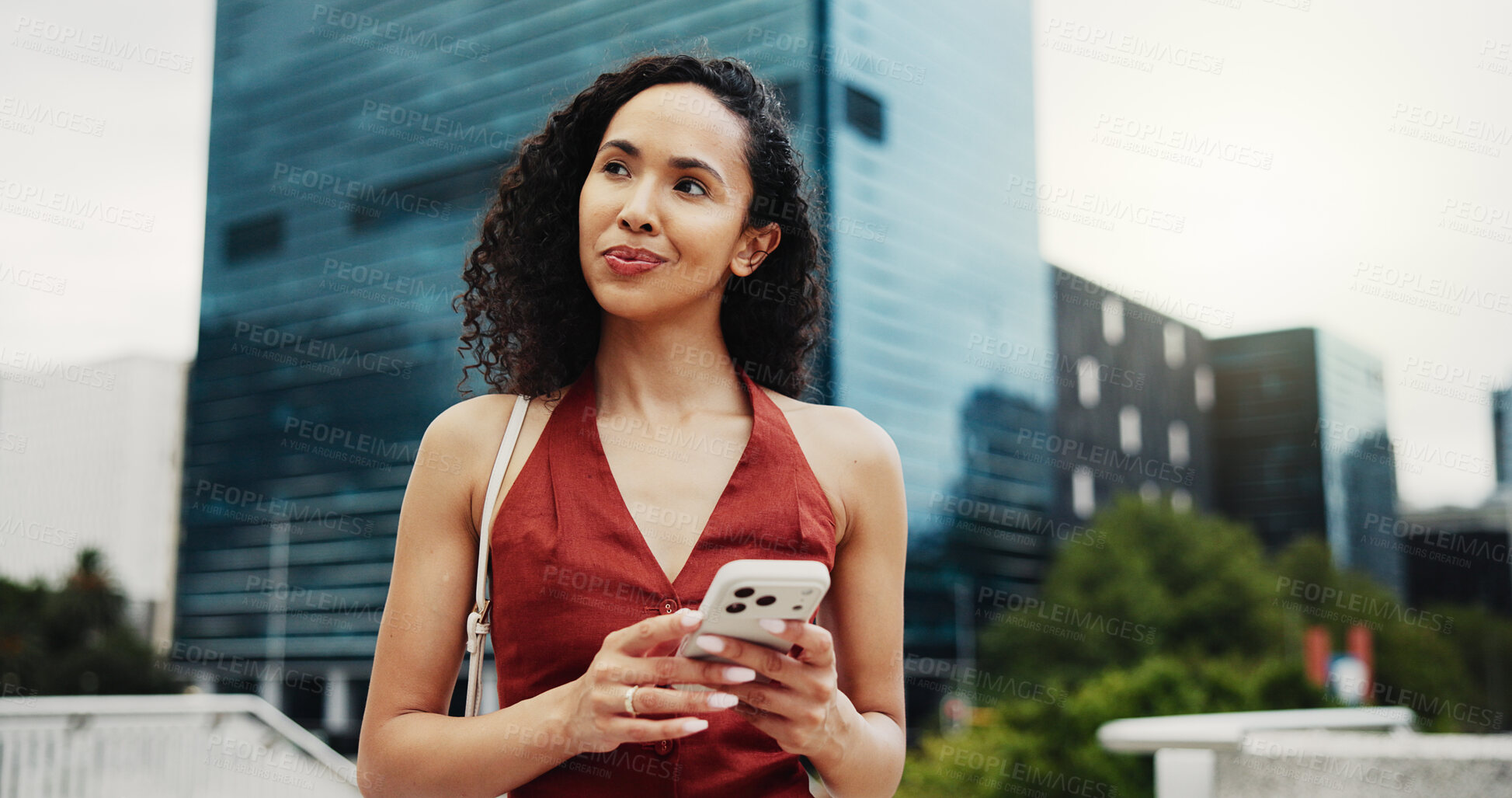 Buy stock photo Thinking, business or woman in city, smartphone for social media or schedule for news report. Copywriting, person or journalist in street, cellphone or reflection for article, column or creativity