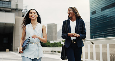 Buy stock photo Businesswoman, laugh and friends in city on walk, commute and excited for property management career. People, team and real estate agent with partner, gossip and funny story with trip in urban town