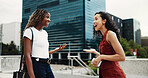 Friends, greeting and surprise with women in city with chat, wow and happy with phone for commute. Business people, outdoor and excited with smartphone, hello or shock with reunion on trip in town