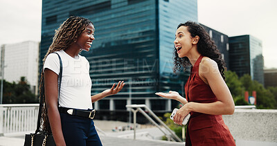 Buy stock photo Friends, greeting and surprise with women in city with chat, wow and happy with phone for commute. Business people, outdoor and excited with smartphone, hello or shock with reunion on trip in town
