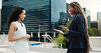 Businesswoman, happy and friends in city with talk, reunion and excited for greeting with discussion. People, smile and conversation with chat, gossip and funny story with commute in urban town