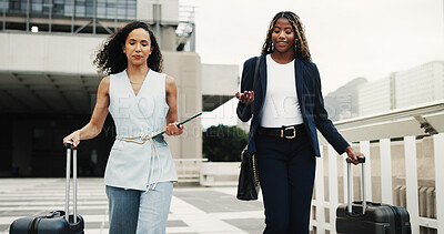 Buy stock photo Business, people and walk with suitcase in city for travel, conference abroad and keynote speaker. Women, talk and tablet with luggage for work commute, international trip and teamwork in urban town
