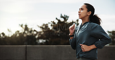 Buy stock photo Athlete, woman and running for fitness in city with pace training, morning cardio and stamina. Space, runner and active with jog outdoor for sport performance, wellness challenge and health workout