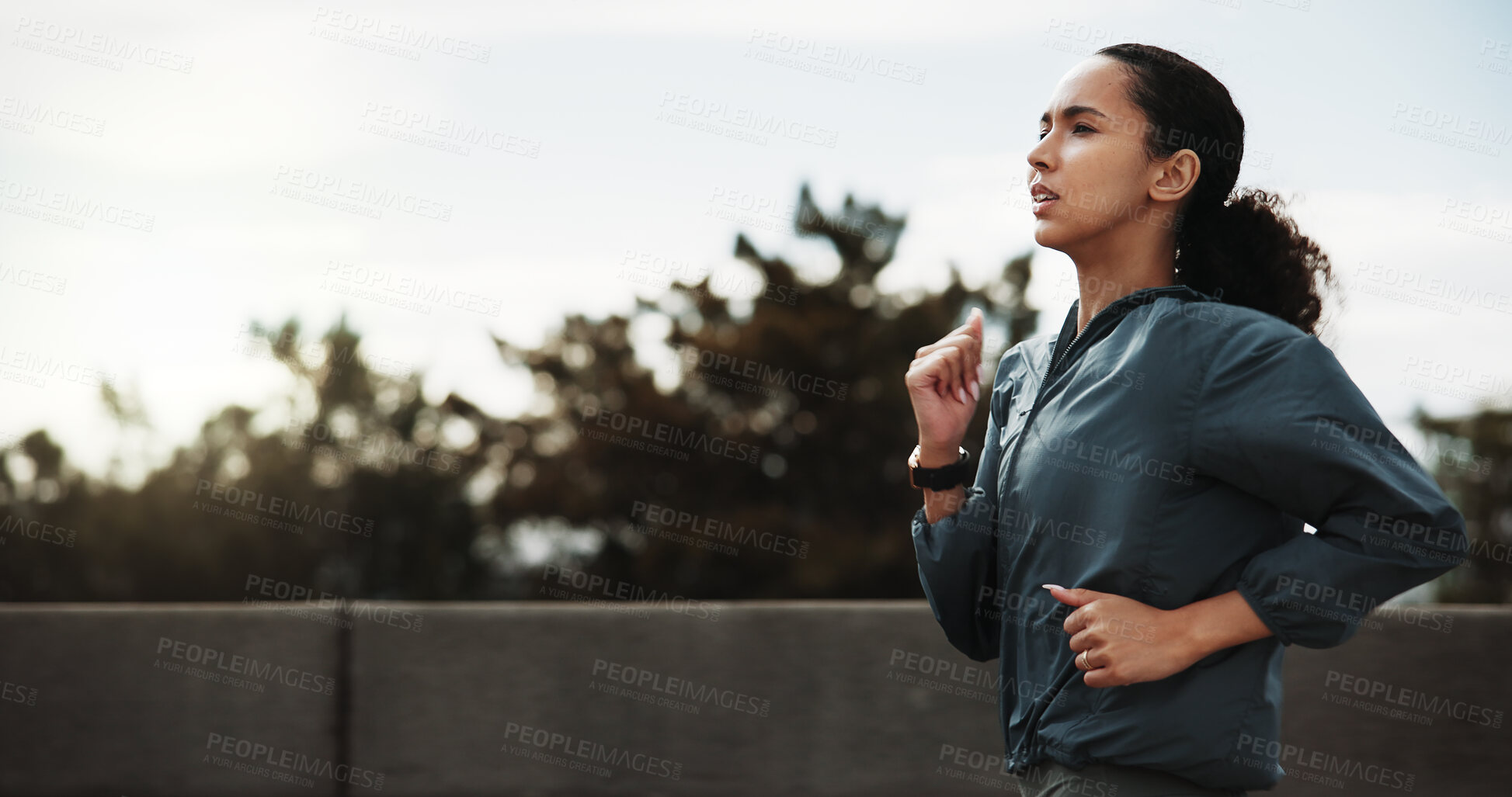 Buy stock photo Athlete, woman and running for fitness in city with pace training, morning cardio and stamina. Space, runner and active with jog outdoor for sport performance, wellness challenge and health workout