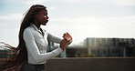 Running, woman and check watch for fitness with pace timer, track cardio speed and exercise. Space, black person and monitor clock outdoor for workout results, wellness challenge and health training