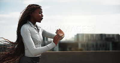 Buy stock photo Running, woman and check watch for fitness with pace timer, track cardio speed and exercise. Space, black person and monitor time outdoor for workout results, wellness challenge and health training