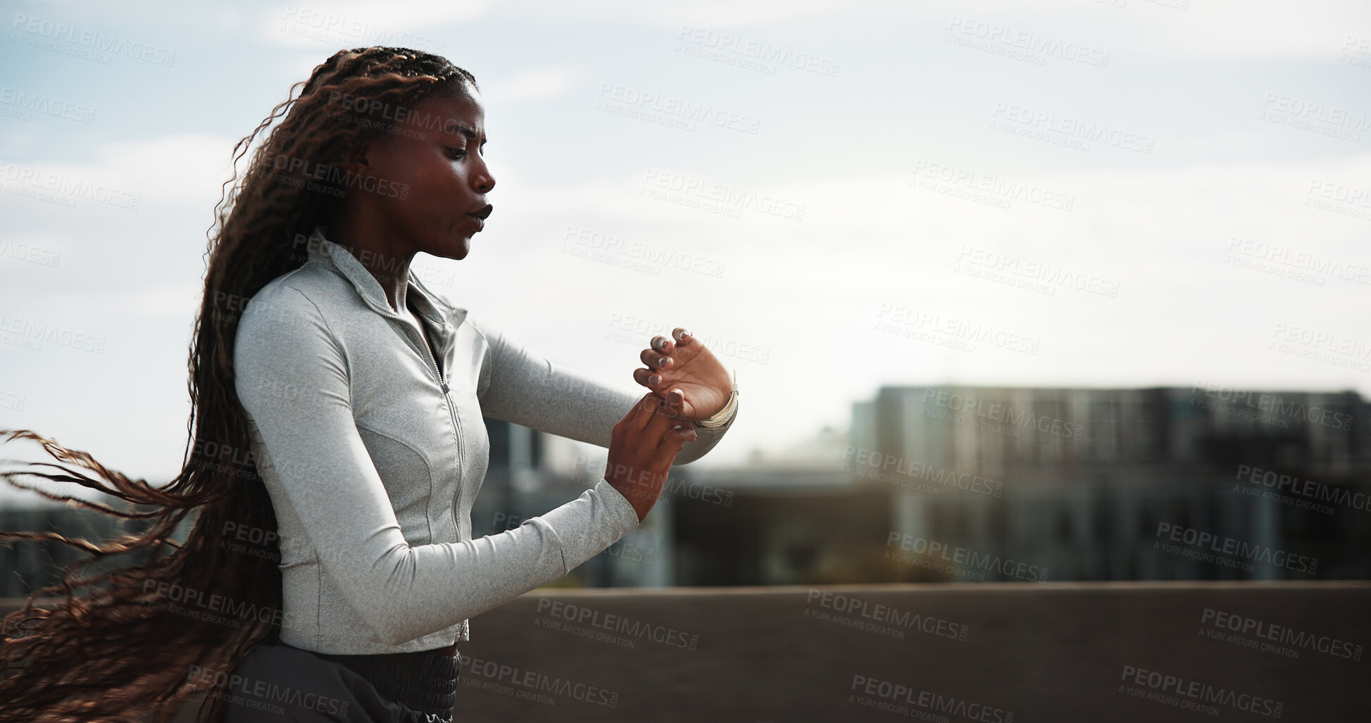 Buy stock photo Running, woman and check watch for fitness with pace timer, track cardio speed and exercise. Space, black person and monitor time outdoor for workout results, wellness challenge and health training