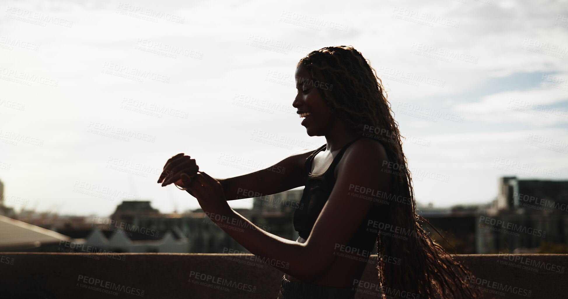 Buy stock photo Running, woman and check smart watch for fitness with pace timer, cardio speed and exercise. Space, black person and monitor clock outdoor for workout results, wellness challenge or sport performance