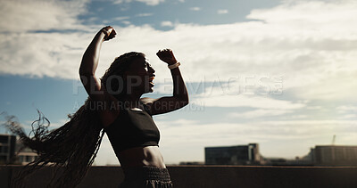 Buy stock photo Excited, woman and running celebration in city for fitness goal, cardio achievement or milestone. Black person, athlete and fist pump outdoor for exercise target, workout victory and energy on space
