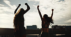 Athlete, women or fitness celebration in city for exercise goals, marathon pace target or victory. Back, friends and runners with fist pump on bridge for cardio success, workout milestone or wellness