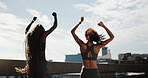 Fitness, arms up or friends in city with success, cardio goal or celebration together in physical activity. Teamwork, back or women with victory, achievement or milestone reach in sports hobby.
