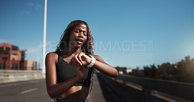 Buy stock photo City, runner and black woman with smart watch for exercise progress, health app and fitness tracker. Sports, space and person check time for training, workout and active hobby for wellness in town