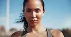 Fitness, portrait or woman outdoor with space, pride or rest after physical activity. Sports, serious or female person outside with confidence, active hobby or performance break in New Zealand.