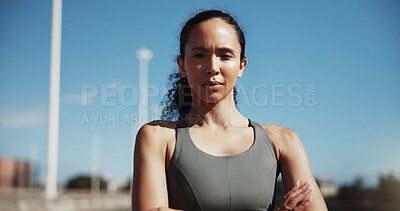 Buy stock photo Fitness, portrait or woman in city with arms crossed, pride or rest after physical activity. Sports, serious or female person outdoor with confidence, active hobby or performance break in New Zealand