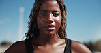 Fitness, portrait or black woman in city with space, pride or rest after physical activity. Sports, serious or female person with confidence, active hobby or performance break in New Zealand.