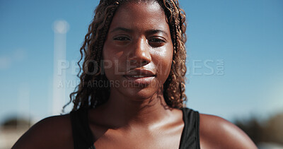 Buy stock photo Fitness, portrait or black woman in city with space, pride or rest after physical activity. Sports, serious or female person with confidence, active hobby or performance break in New Zealand.