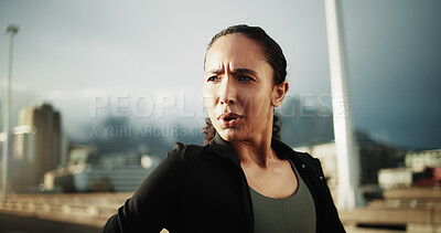 Buy stock photo Athlete, woman and tired of exercise in city for cardio burnout, intense workout and thinking. Breathing, runner and exhausted with sweating for endurance challenge, contemplating fitness and break