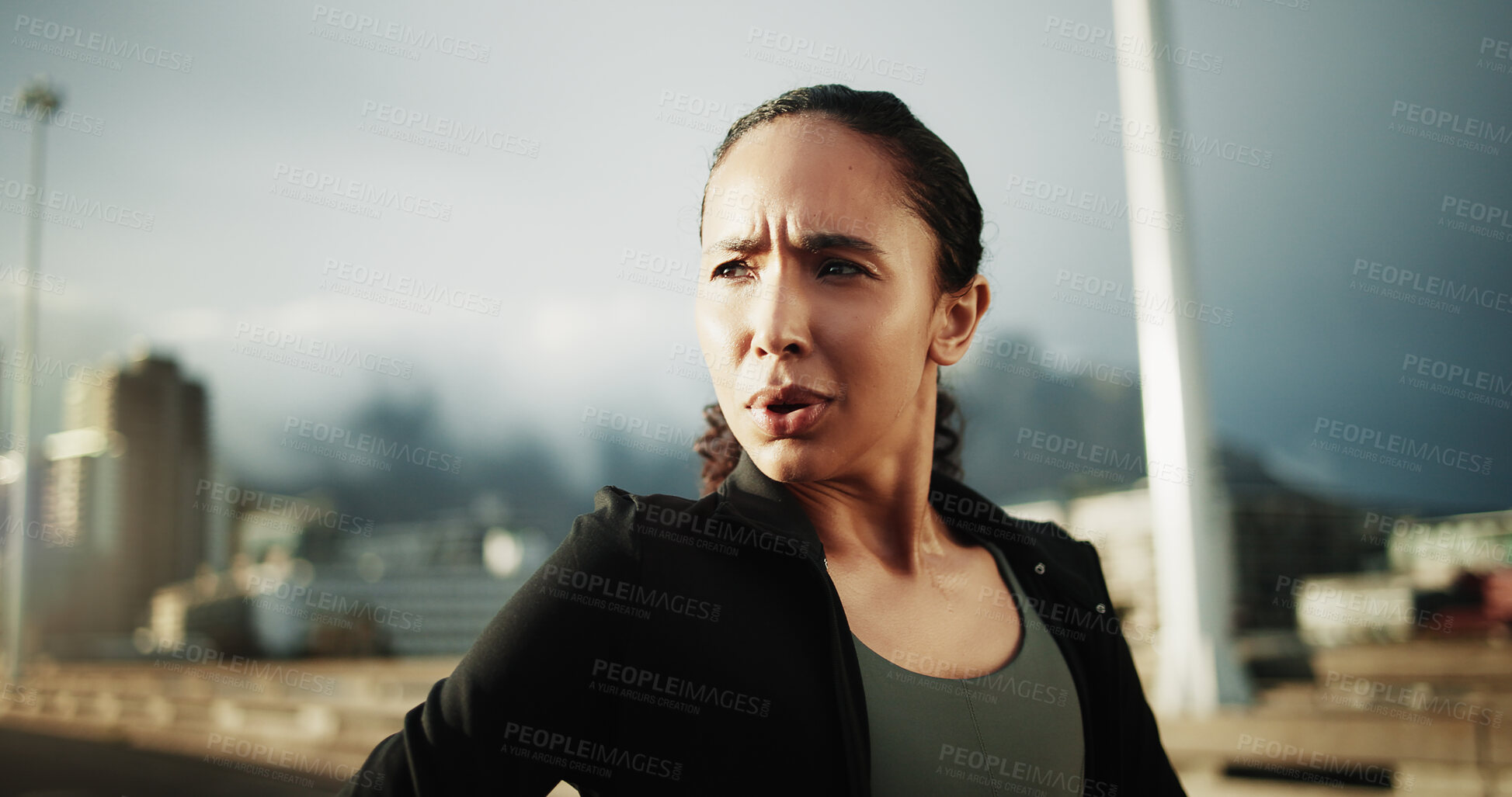 Buy stock photo Athlete, woman and tired of exercise in city for cardio burnout, intense workout and thinking. Breathing, runner and exhausted with sweating for endurance challenge, contemplating fitness and break