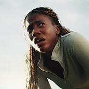 Fitness, woman and tired with breathing outdoor for cardio burnout ...