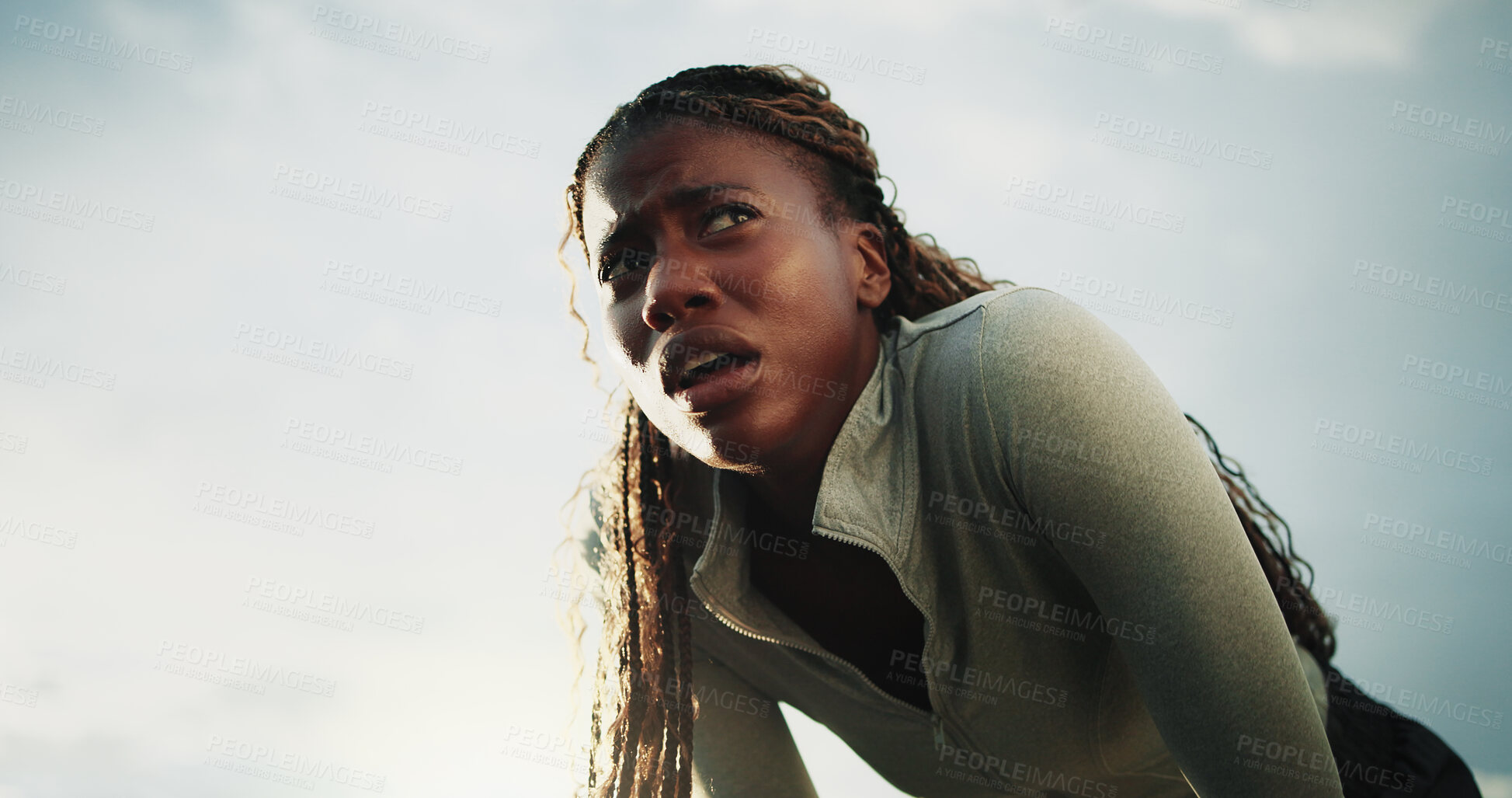 Buy stock photo Fitness, woman and tired with breathing outdoor for cardio burnout, intense workout and thinking. Athlete, black person and exhausted on space with runner recovery, contemplating exercise and break