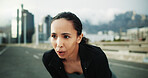 Athlete, woman and tired with breathing in city for cardio fatigue, intense workout and thinking. Runner, person and exhausted on bridge for endurance challenge, exercise reflection and fitness break