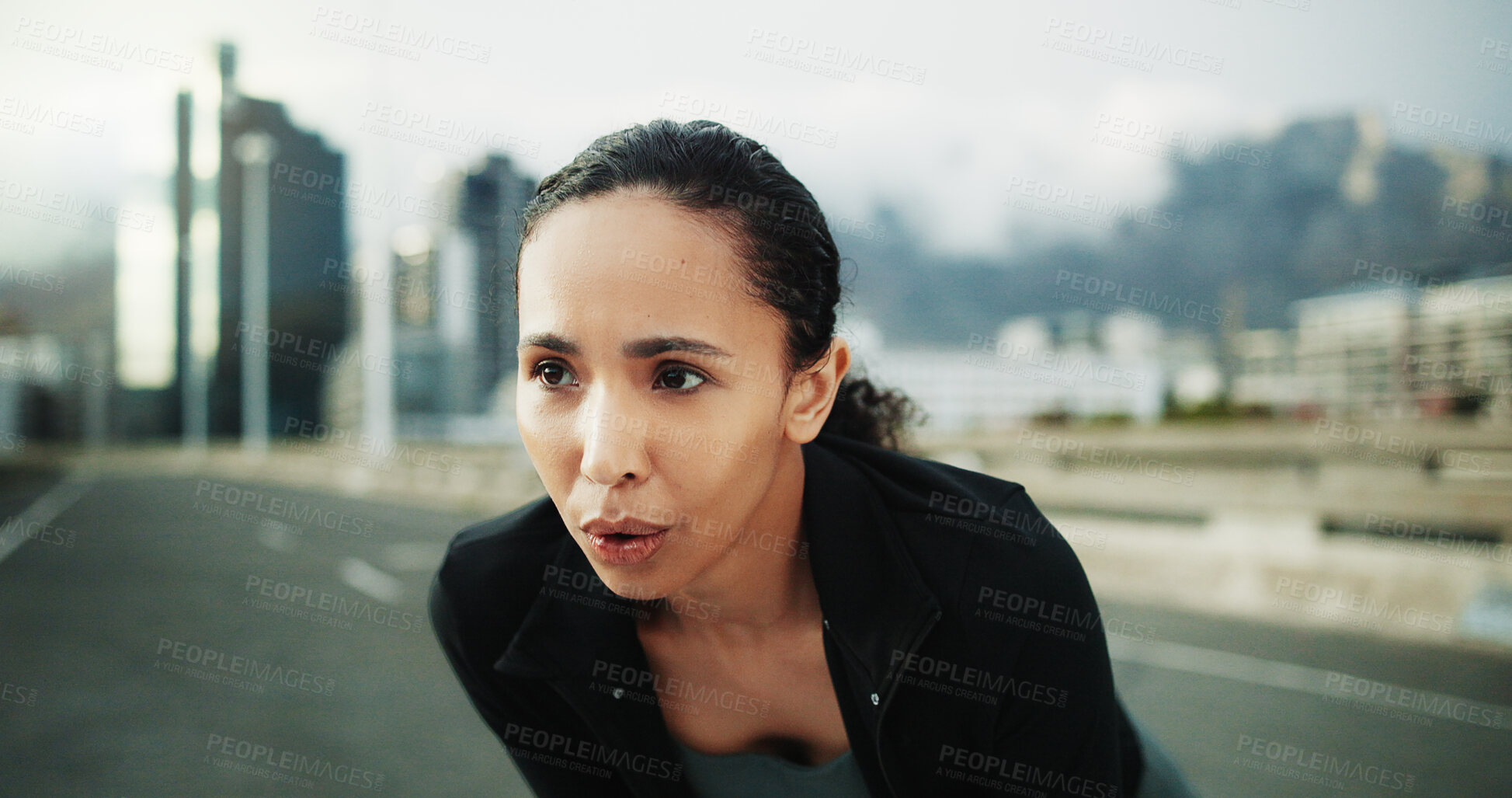 Buy stock photo Athlete, woman and tired with breathing in city for cardio fatigue, intense workout and thinking. Runner, person and exhausted on bridge for endurance challenge, exercise reflection and fitness break