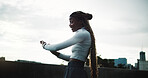 Fitness, black woman and check smart watch in city for health stats, cardio info or track progress. Runner, excited person and wristwatch outdoor for exercise goal, performance timer or results
