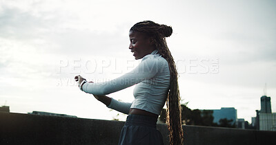 Buy stock photo Fitness, black woman and check smart watch in city for health stats, cardio info or track progress. Runner, excited person and wristwatch outdoor for exercise goal, performance timer or results