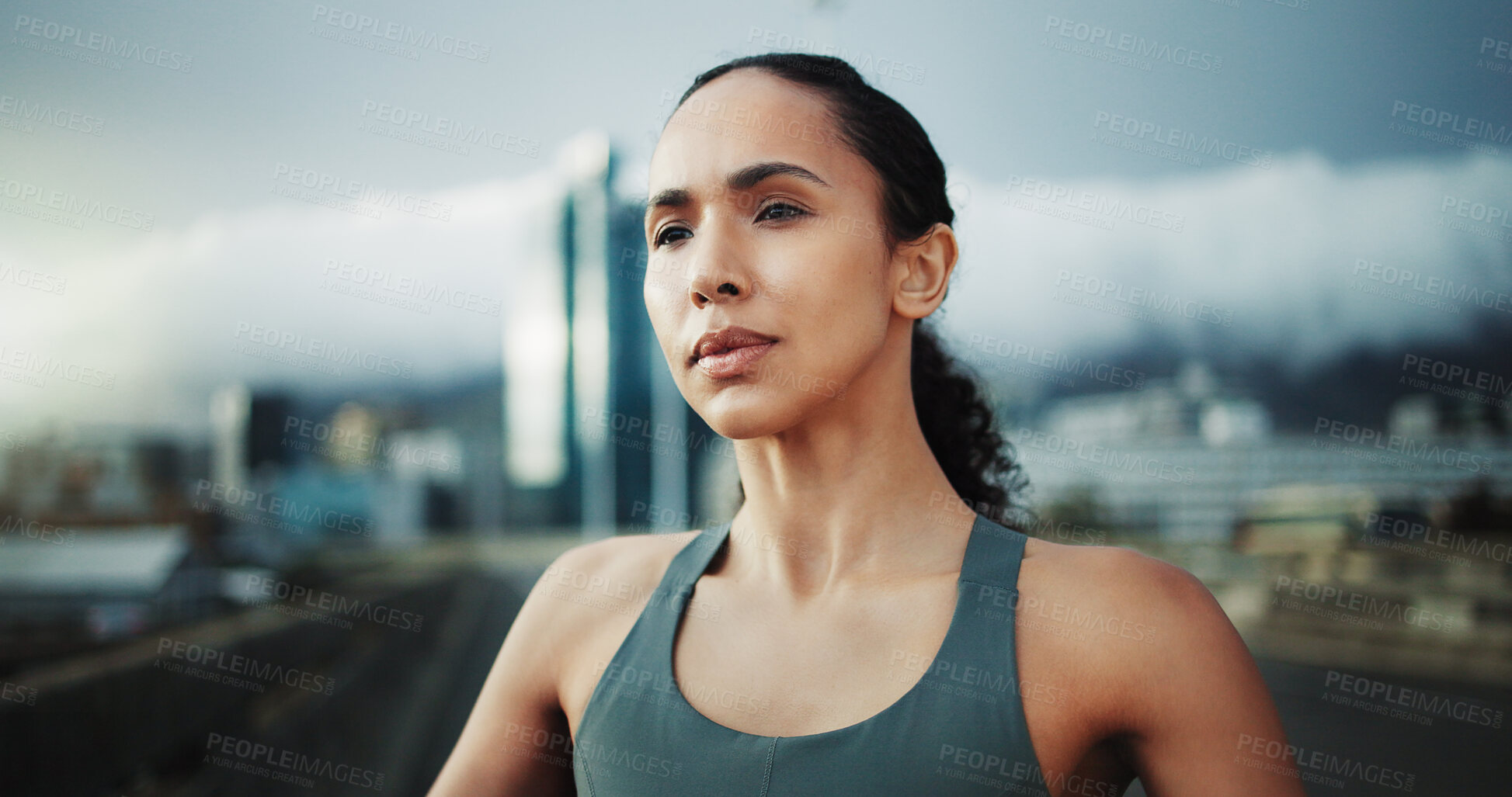 Buy stock photo Exercise, thinking and woman in city for fitness, cardio workout or routine on bridge. Female person, overcast or runner training for wellness, sports and vision outdoor on urban street