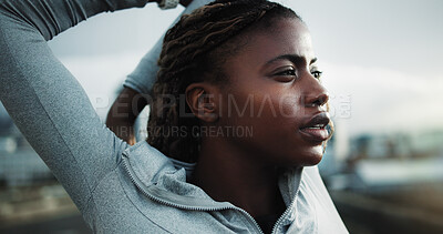 Buy stock photo Exercise, stretching and black woman in city for fitness, cardio workout or thinking on bridge. Female person, overcast or runner warm up for wellness, sports and vision outdoor on urban street