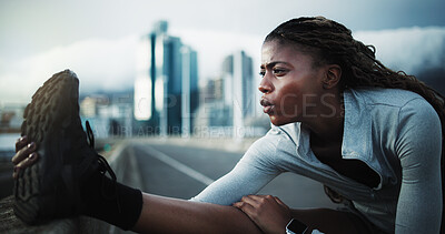 Buy stock photo Fitness, preparation or black woman in town with stretch, leg mobility or injury prevention in physical activity. Sport, breathing or person with start, joint or muscle improvement in warm up.
