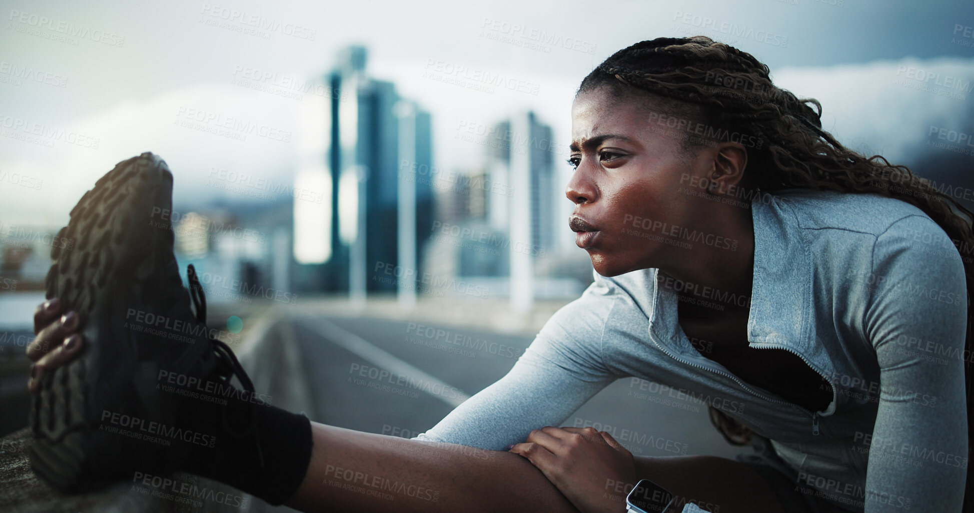 Buy stock photo Fitness, preparation or black woman in town with stretch, leg mobility or injury prevention in physical activity. Sport, breathing or person with start, joint or muscle improvement in warm up.