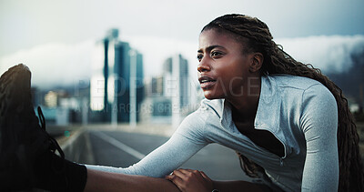 Buy stock photo Fitness, stretching and black woman in city for workout, cardio exercise or thinking on bridge. Female person, overcast or runner warm up for wellness, sports and vision outdoor on urban street