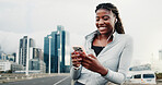 Fitness, earphones and happy woman with smartphone in city, scroll or listening to music on website. Outdoor, space and black person with mobile for chat, online and streaming audio on exercise break