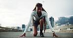 Start, running and black woman in city for fitness, workout or training for race on highway. Sports, ready and African female athlete on bridge for cardio exercise with practice, wellness or health.