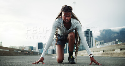 Buy stock photo Start, running and black woman in city for fitness, workout or training for race on highway. Sports, ready and African female athlete on bridge for cardio exercise with practice, wellness or health.