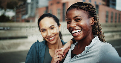 Buy stock photo Women, friends and portrait for fitness, selfie and teamwork for outdoor training on street. City bridge, social media post and people with exercise for health, support or marathon practice together