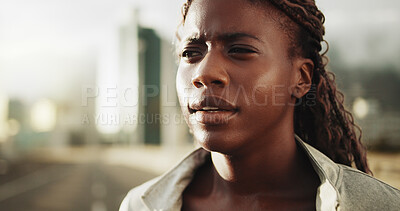 Buy stock photo Thinking, tired and black woman for fitness in city with vision, daydreaming and exercise break. Fatigue, female person and runner with reflection, exhaustion and training recovery of sports workout
