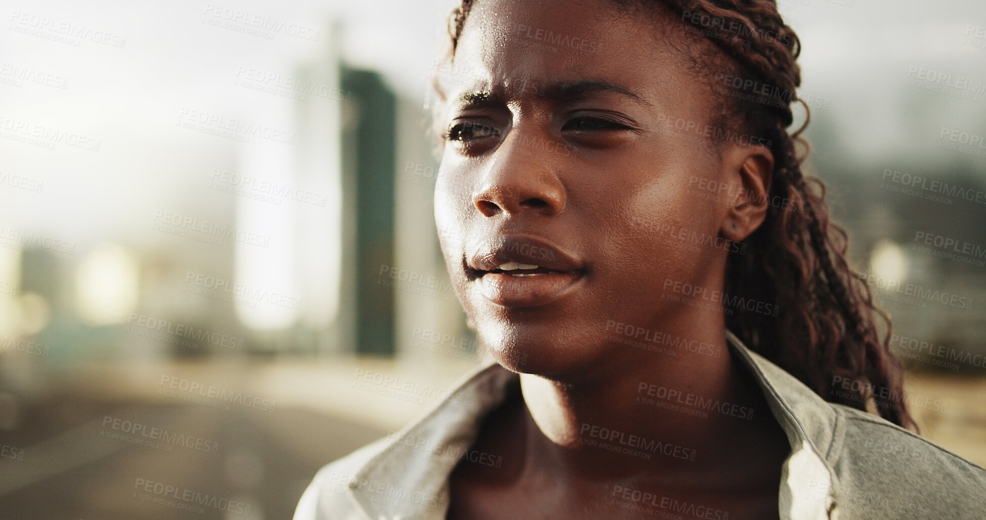 Buy stock photo Thinking, tired and black woman for fitness in city with vision, daydreaming and exercise break. Fatigue, female person and runner with reflection, exhaustion and training recovery of sports workout