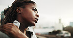 Fitness, neck pain or black woman in city with massage, burnout or joint inflammation in physical activity. Training, space or athlete with strain, stiff shoulder or muscle discomfort in workout.