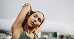 Fitness, preparation or woman in city with stretching, arm mobility or injury prevention in physical activity. Sport, space or person in town with start, shoulder or muscle improvement in warm up.