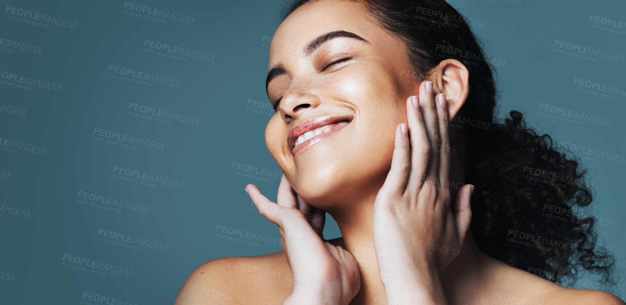 Buy stock photo Skincare, touch and woman with smile for beauty, wellness glow aesthetic and smooth texture for space. Facial shine, dermatology or person with happiness for soft skin, self care or studio background