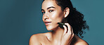 Portrait, gua sha or woman with skincare for beauty, improve circulation or reduce inflammation for space. Dermatology, natural glow or person with jade crystal stone, self care or studio background