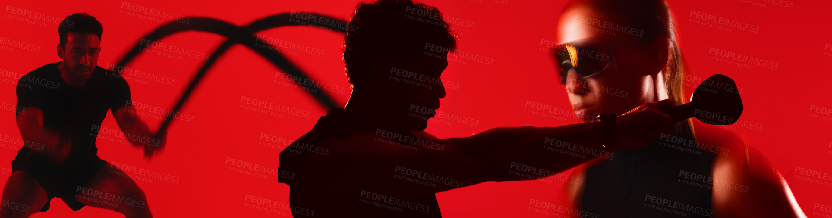 Buy stock photo Banner, collage and exercise in studio for fitness with kettlebell, battle rope or strength training. People, montage and workout equipment for health, muscle development and power on red background