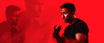 Boxing, fitness and man in studio with double exposure for training, workout or wellness. Banner, sports and athlete with fighting challenge for cardio exercise, health or practice by red background.