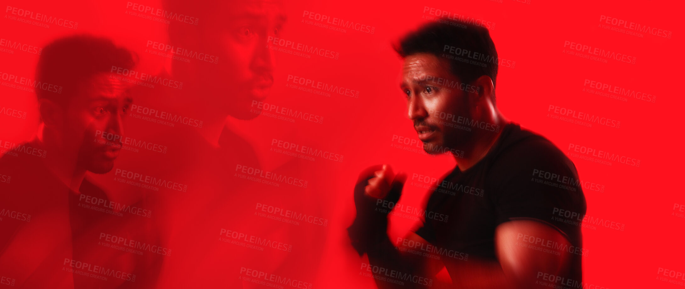 Buy stock photo Boxing, fitness and man in studio with double exposure for training, workout or wellness. Banner, sports and athlete with fighting challenge for cardio exercise, health or practice by red background.